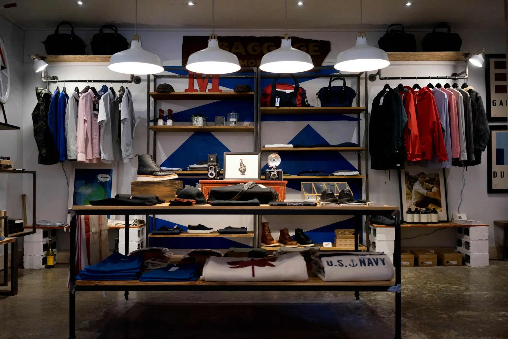Clothing store interior with racks, shelving and lighting from a full retail fit-out